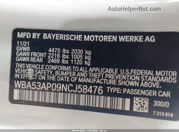 WBA53AP09NCJ58476 2022 BMW 4 SERIES White Շարժիչի բաժամունքի տեսք