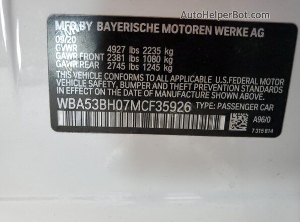 WBA53BH07MCF35926 2021 BMW 5 SERIES White Widok komory silnika