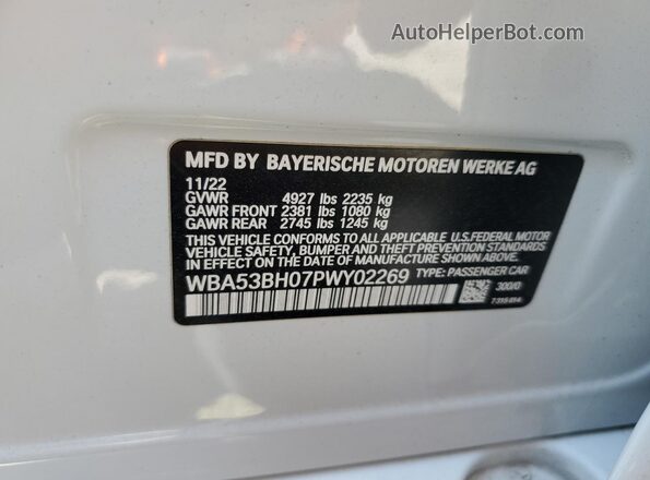 WBA53BH07PWY02269 2023 BMW 5 SERIES White VIN კოდის სტიკერის ხედი