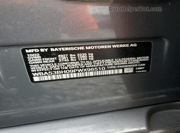 WBA53BH09PWX96510 2023 BMW 5 SERIES Gray Widok naklejki z numerem VIN