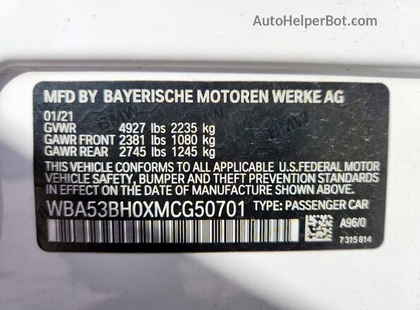 WBA53BH0XMCG50701 2021 BMW 5 SERIES White VIN sticker view