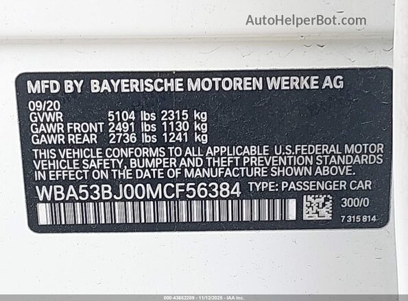 WBA53BJ00MCF56384 2021 BMW 5 SERIES White Engine compartment view
