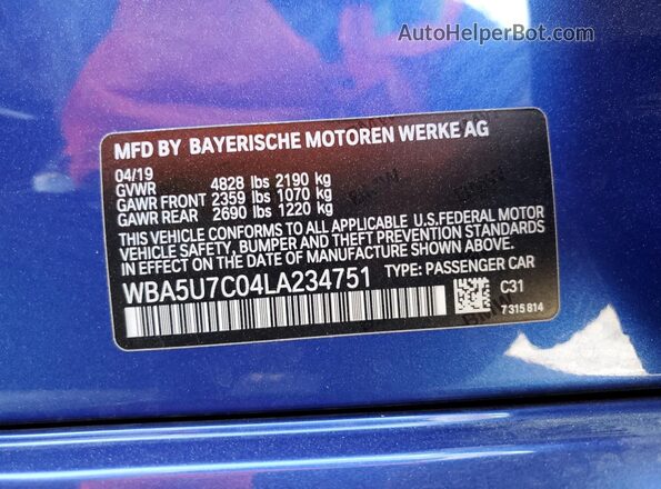WBA5U7C04LA234751 2020 BMW M3 Синий Вид наклейки с VIN-кодом