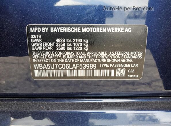 WBA5U7C06LAF53989 2020 BMW M3 Blue VIN sticker view