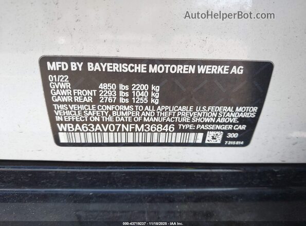 WBA63AV07NFM36846 2022 BMW 4 SERIES White Engine compartment view