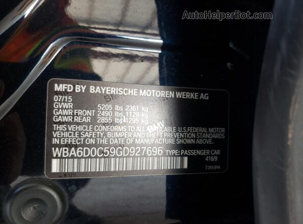 WBA6D0C59GD927696 2016 BMW 6 SERIES Blue VIN կոդի պիտակի տեսք