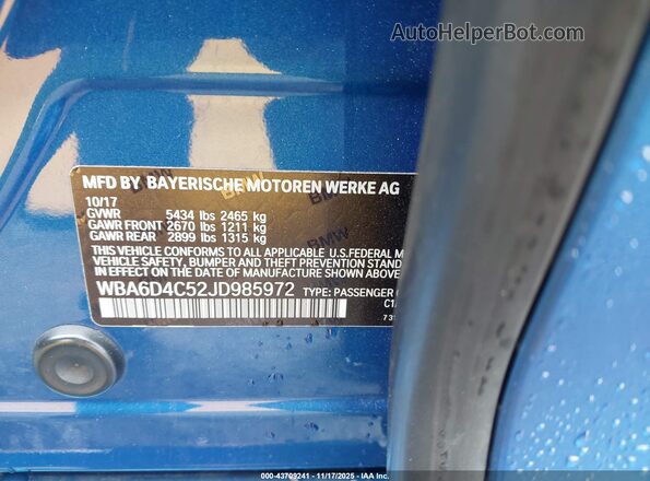 WBA6D4C52JD985972 2018 BMW 6 SERIES Blue Engine compartment view