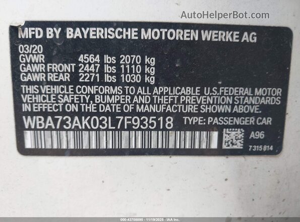 WBA73AK03L7F93518 2020 BMW 2 SERIES White Vista del compartimento del motor