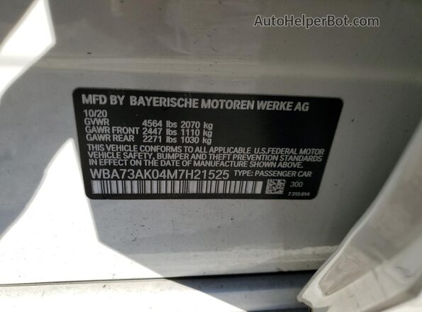 WBA73AK04M7H21525 2021 BMW OTHER White 