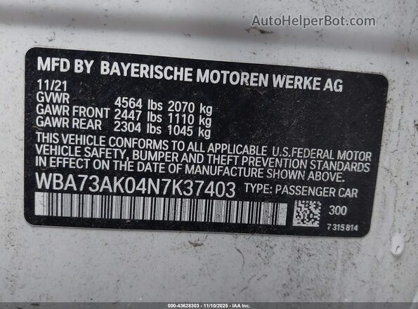 WBA73AK04N7K37403 2022 BMW 2 SERIES White Շարժիչի բաժամունքի տեսք