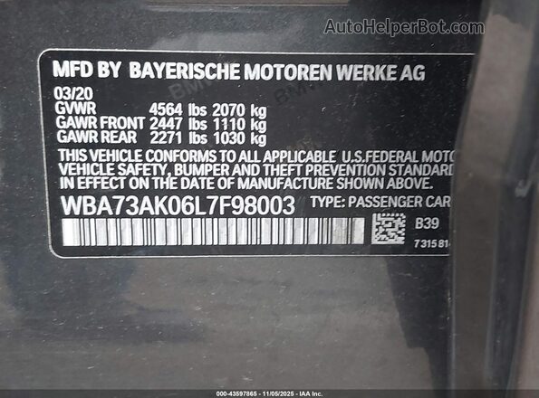WBA73AK06L7F98003 2020 BMW 2 SERIES Gray Widok komory silnika
