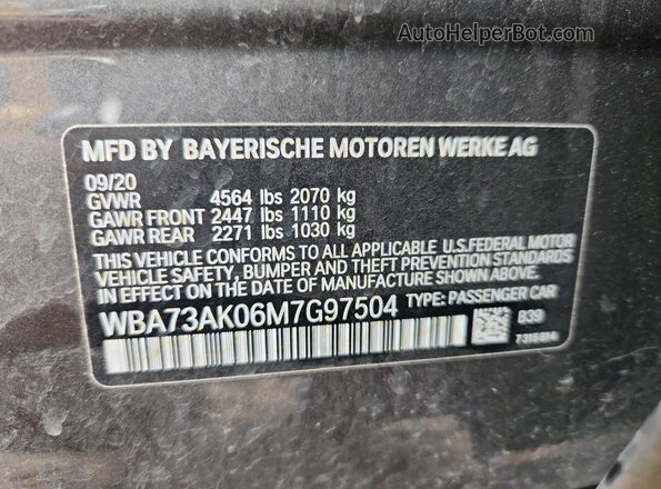 WBA73AK06M7G97504 2021 BMW 2 SERIES Black VIN կոդի պիտակի տեսք