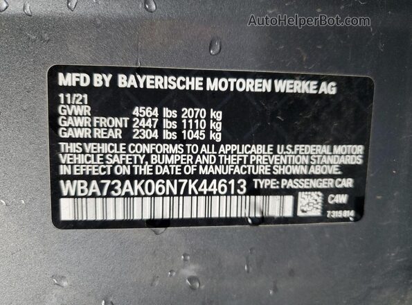 WBA73AK06N7K44613 2022 BMW 2 SERIES Gray VIN კოდის სტიკერის ხედი