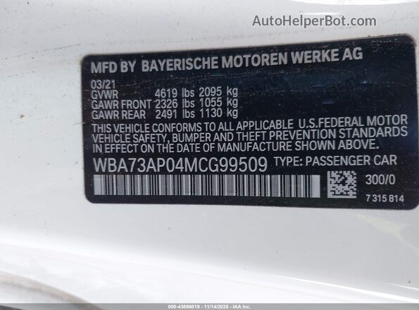 WBA73AP04MCG99509 2021 BMW 4 SERIES White Widok komory silnika