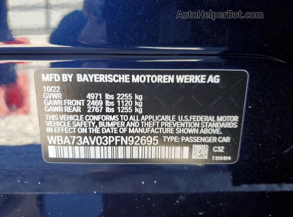 WBA73AV03PFN92695 2023 BMW 4 SERIES Синий Вид наклейки с VIN-кодом