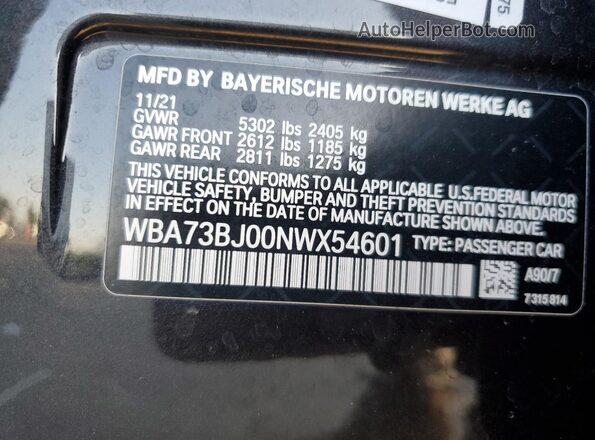 WBA73BJ00NWX54601 2022 BMW 5 SERIES Charcoal VIN sticker view