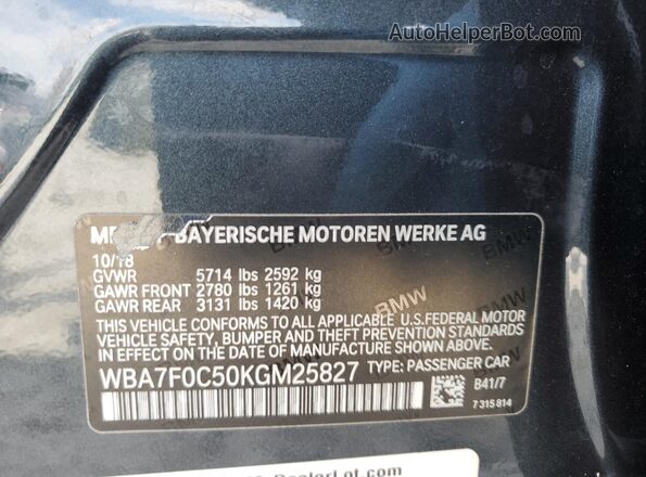WBA7F0C50KGM25827 2019 BMW 7 SERIES Gray ძრავის განყოფილების ხედი