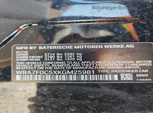 WBA7F0C5XKGM25981 2019 BMW 7 SERIES Black VIN კოდის სტიკერის ხედი