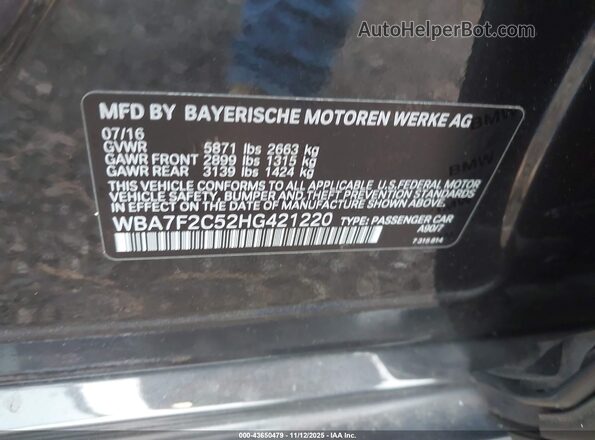 WBA7F2C52HG421220 2017 BMW 7 SERIES Серый Вид подкапотного пространства