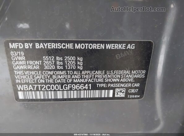 WBA7T2C00LGF96641 2020 BMW 7 SERIES Gray ძრავის განყოფილების ხედი