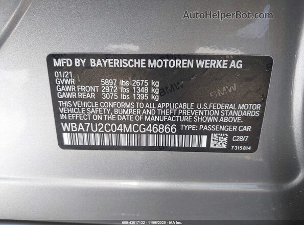 WBA7U2C04MCG46866 2021 BMW 7 SERIES Gray ძრავის განყოფილების ხედი
