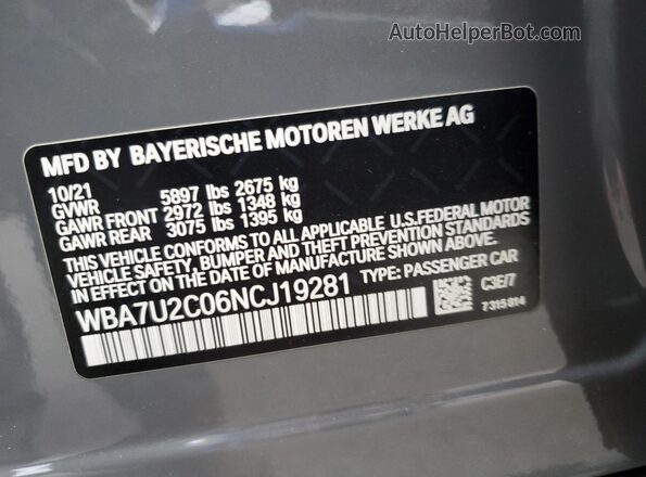 WBA7U2C06NCJ19281 2022 BMW 7 SERIES Gray Вид наклейки з VIN-кодом