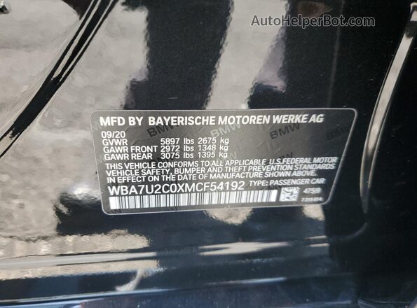 WBA7U2C0XMCF54192 2021 BMW 7 SERIES Black VIN კოდის სტიკერის ხედი