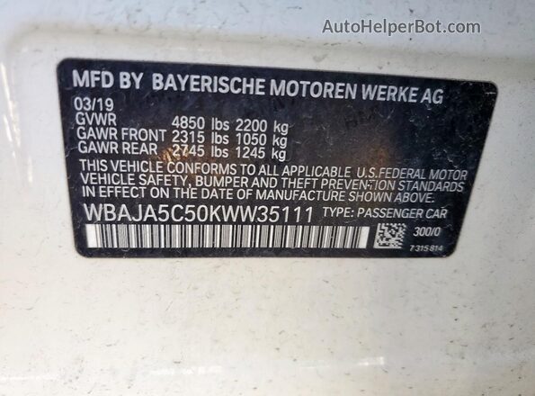 WBAJA5C50KWW35111 2019 BMW 5 SERIES White Вид підкапотного простору
