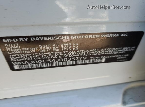 WBAJB9C54JB035279 2018 BMW M5 White VIN კოდის სტიკერის ხედი