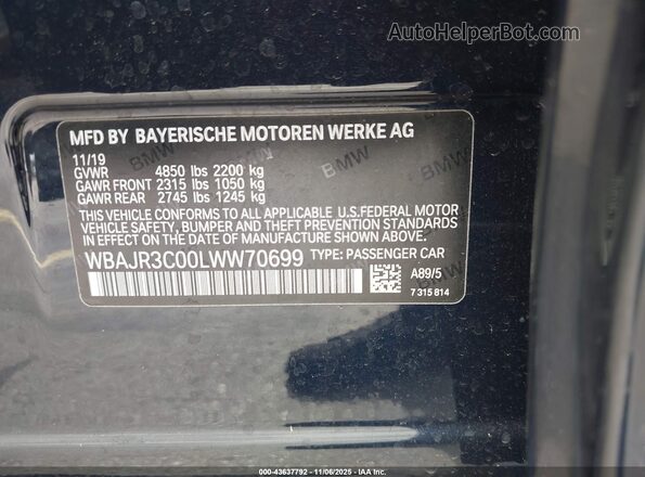 WBAJR3C00LWW70699 2020 BMW 5 SERIES Blue Vista del compartimento del motor