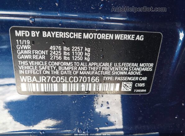 WBAJR7C05LCD70166 2020 BMW 5 SERIES Blue Շարժիչի բաժամունքի տեսք