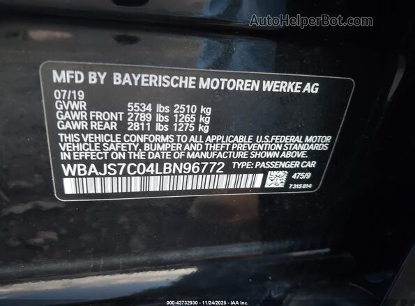 WBAJS7C04LBN96772 2020 BMW 5 SERIES Black Вид підкапотного простору