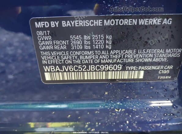 WBAJV6C52JBC99609 2018 BMW 6 SERIES Blue Vista del compartimento del motor
