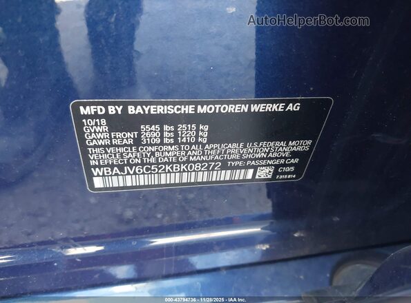 WBAJV6C52KBK08272 2019 BMW 6 SERIES Blue Engine compartment view