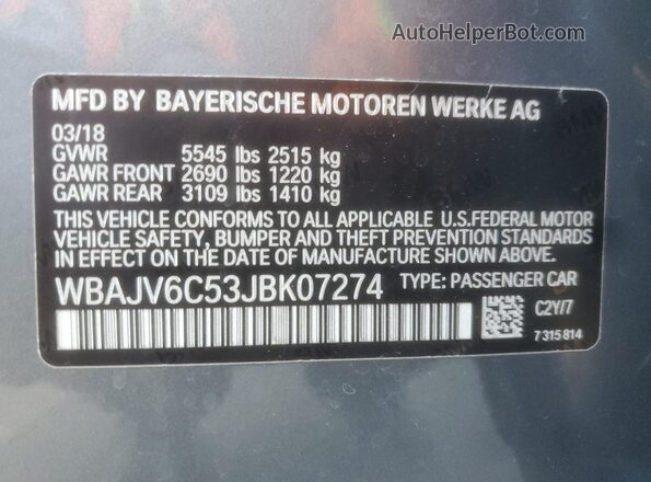 WBAJV6C53JBK07274 2018 BMW 6 SERIES Gray Vista del compartimento del motor