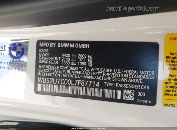WBS2U7C00L7F87714 2020 BMW M2 Зеленый Вид подкапотного пространства