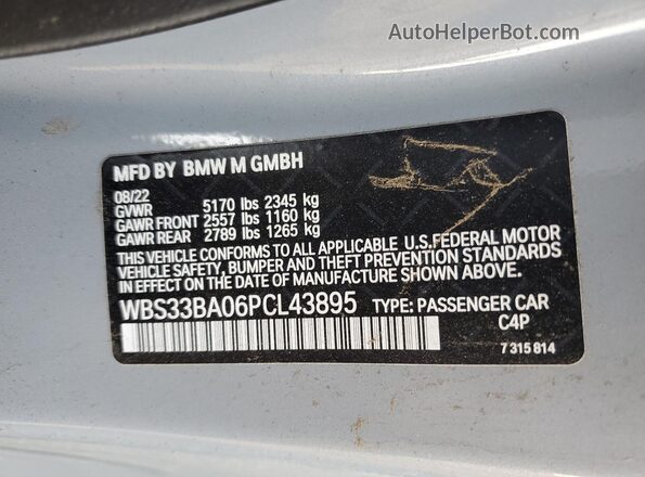WBS33BA06PCL43895 2023 BMW M4 Серый Вид наклейки с VIN-кодом