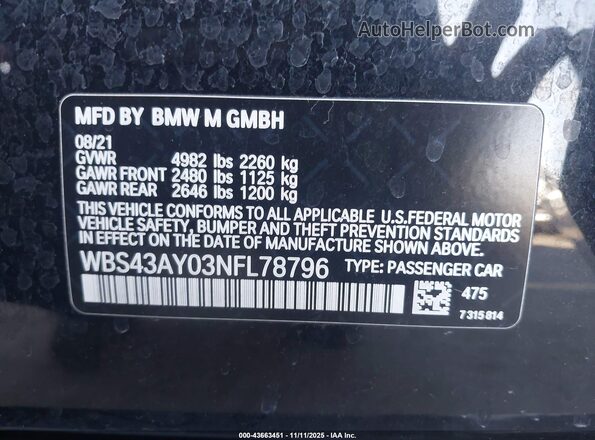 WBS43AY03NFL78796 2022 BMW M3 Black Вид підкапотного простору