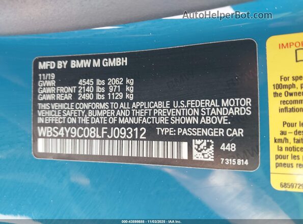 WBS4Y9C08LFJ09312 2020 BMW M4 Turquoise Շարժիչի բաժամունքի տեսք