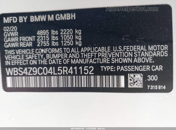 WBS4Z9C04L5R41152 2020 BMW M4 Белый Вид подкапотного пространства