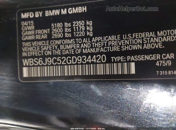 WBS6J9C52GD934420 2016 BMW M6 Black Вид підкапотного простору