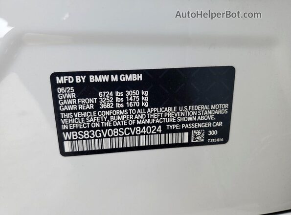 WBS83GV08SCV84024 2025 BMW M5 White Вид наклейки з VIN-кодом