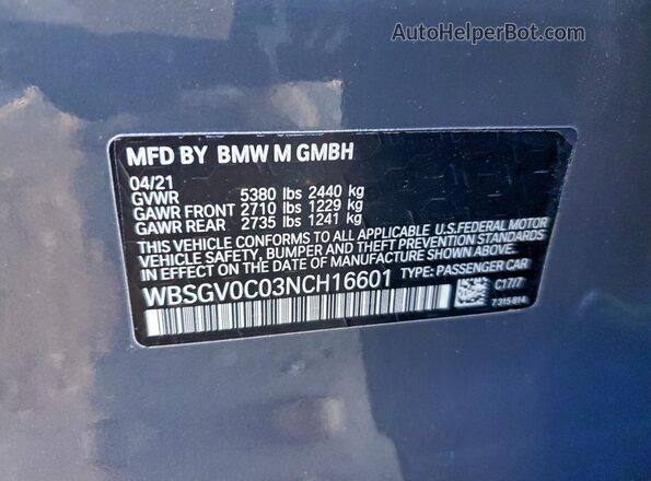 WBSGV0C03NCH16601 2022 BMW M8 Gray VIN sticker view