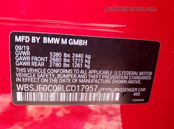 WBSJF0C08LCD17957 2020 BMW M5 Red Շարժիչի բաժամունքի տեսք