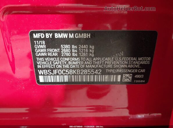 WBSJF0C58KB285542 2019 BMW M5 Red Շարժիչի բաժամունքի տեսք