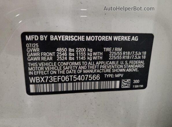 WBX73EF06T5407566 2026 BMW X1 White Вид наклейки з VIN-кодом