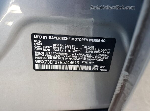 WBX73EF07R5Z44519 2024 BMW X1 Silver Widok naklejki z numerem VIN