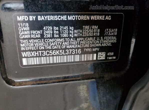 WBXHT3C56K5L37316 2019 BMW X1 Black Widok naklejki z numerem VIN