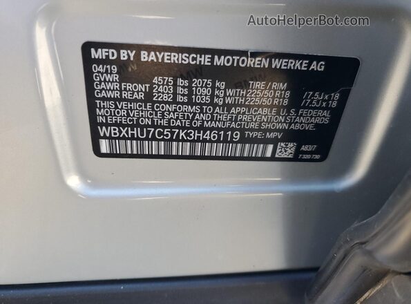 WBXHU7C57K3H46119 2019 BMW X1 Silver VIN sticker view