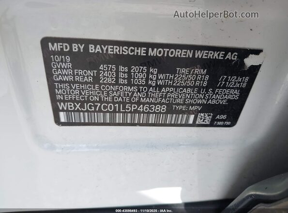 WBXJG7C01L5P46388 2020 BMW X1 White Engine compartment view